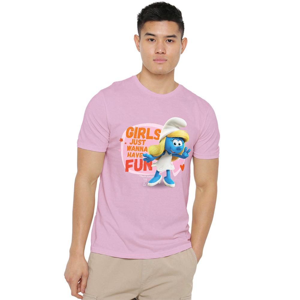 Pink - Side - The Smurfs Unisex Adult Girls Just Wanna Have Fun Smurfette T-Shirt