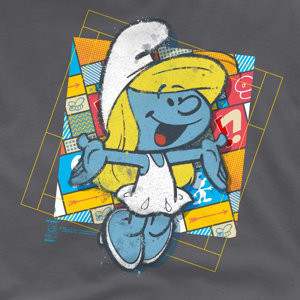 Charcoal - Pack Shot - The Smurfs Unisex Adult Smurfette Patchwork Background T-Shirt