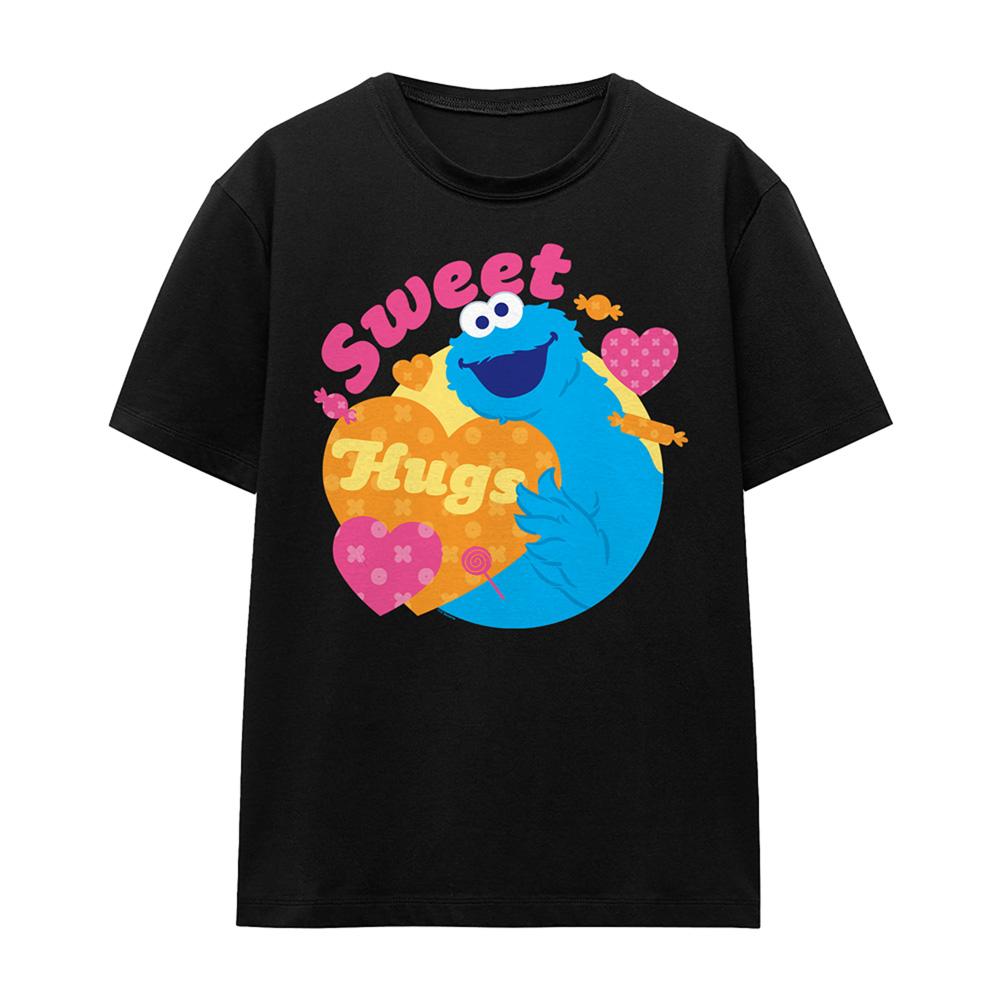 Black - Front - Sesame Street Womens-Ladies Sweet Hugs Cookie Monster Valentine`s Day T-Shirt