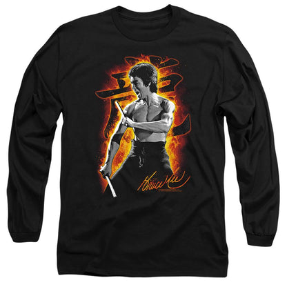 Black - Front - Bruce Lee Unisex Adult Dragon Fire Long-Sleeved T-Shirt