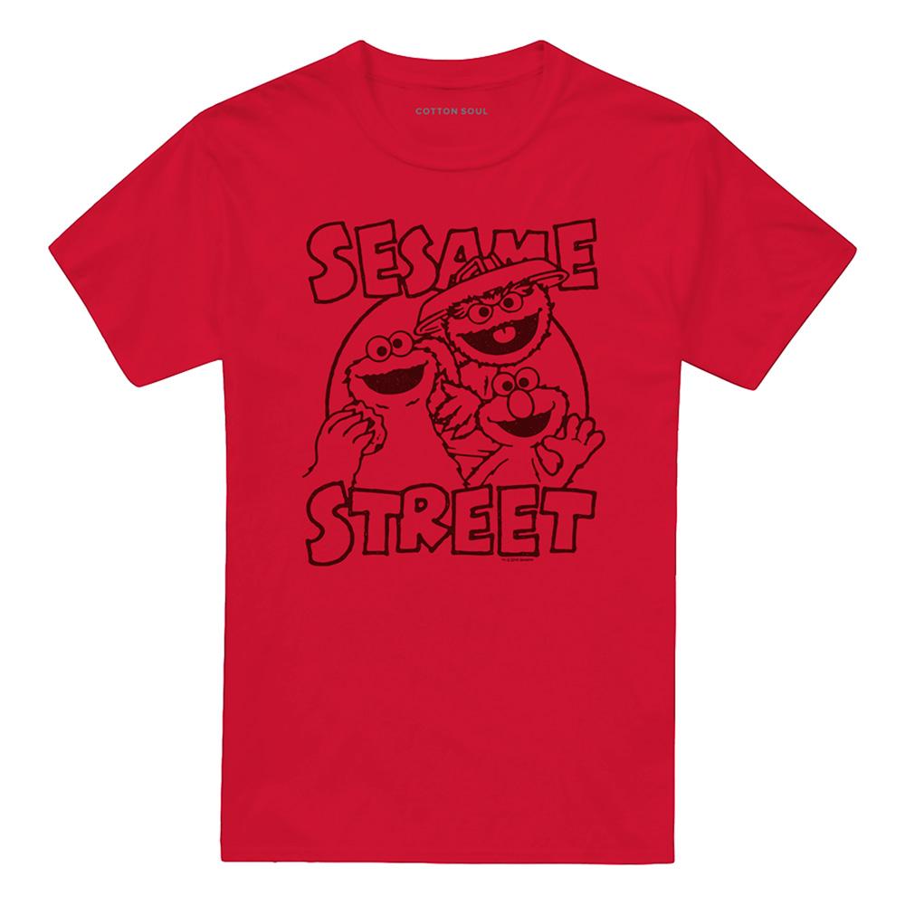 Red - Front - Sesame Street Unisex Adult Group Crunch T-Shirt