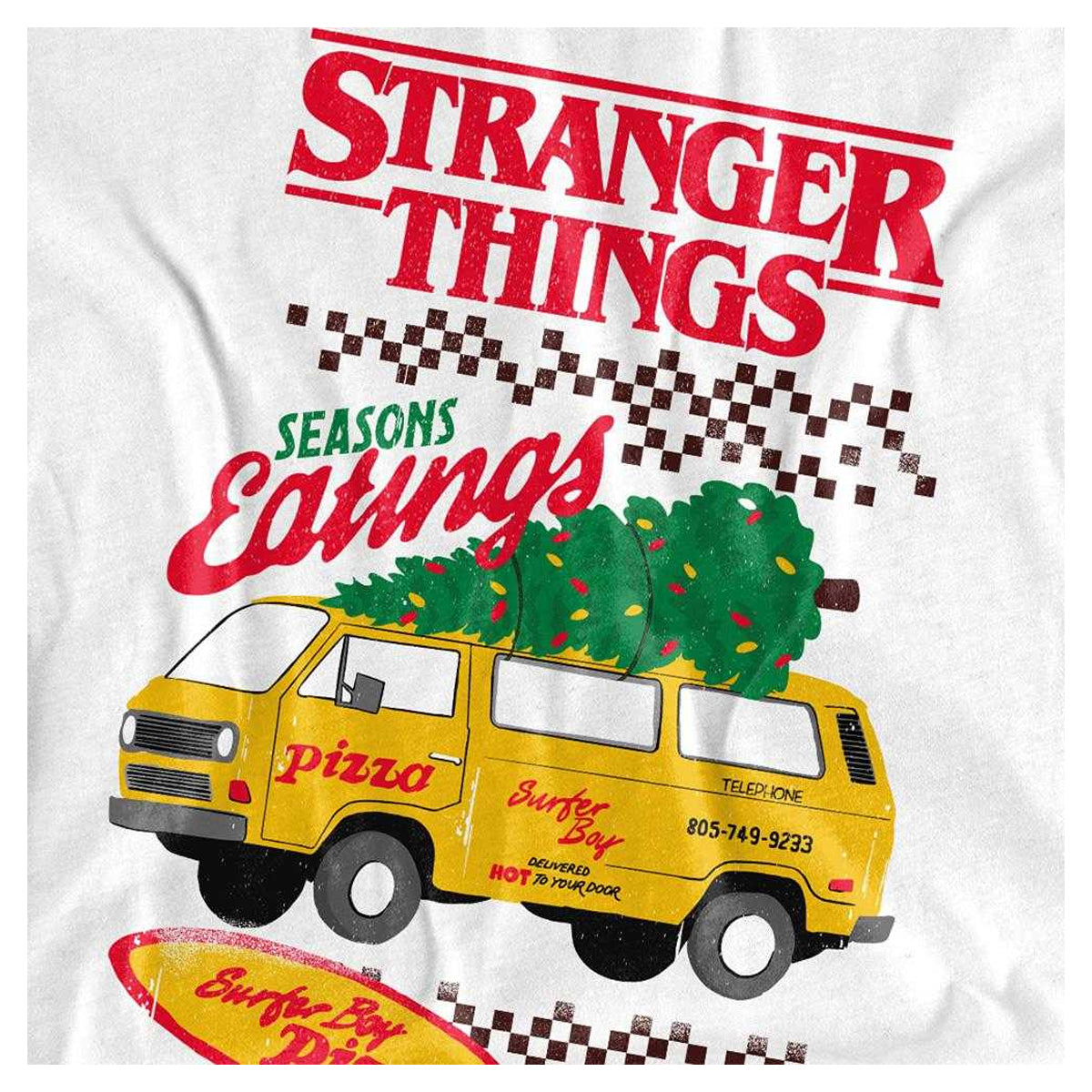 White - Side - Stranger Things Womens-Ladies Seasons Eatings Pizza T-Shirt