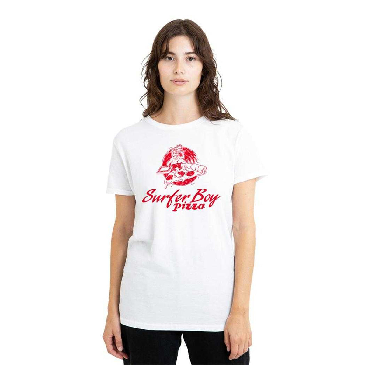 White - Lifestyle - Stranger Things Womens-Ladies Surfer Boy Pizza T-Shirt