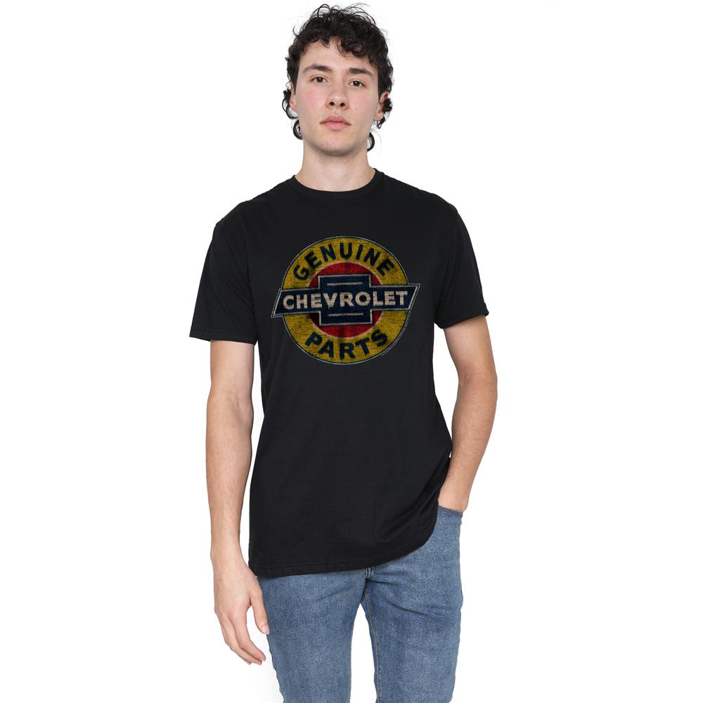 Black - Back - Chevrolet Unisex Adult Genuine Parts Distressed Emblem T-Shirt