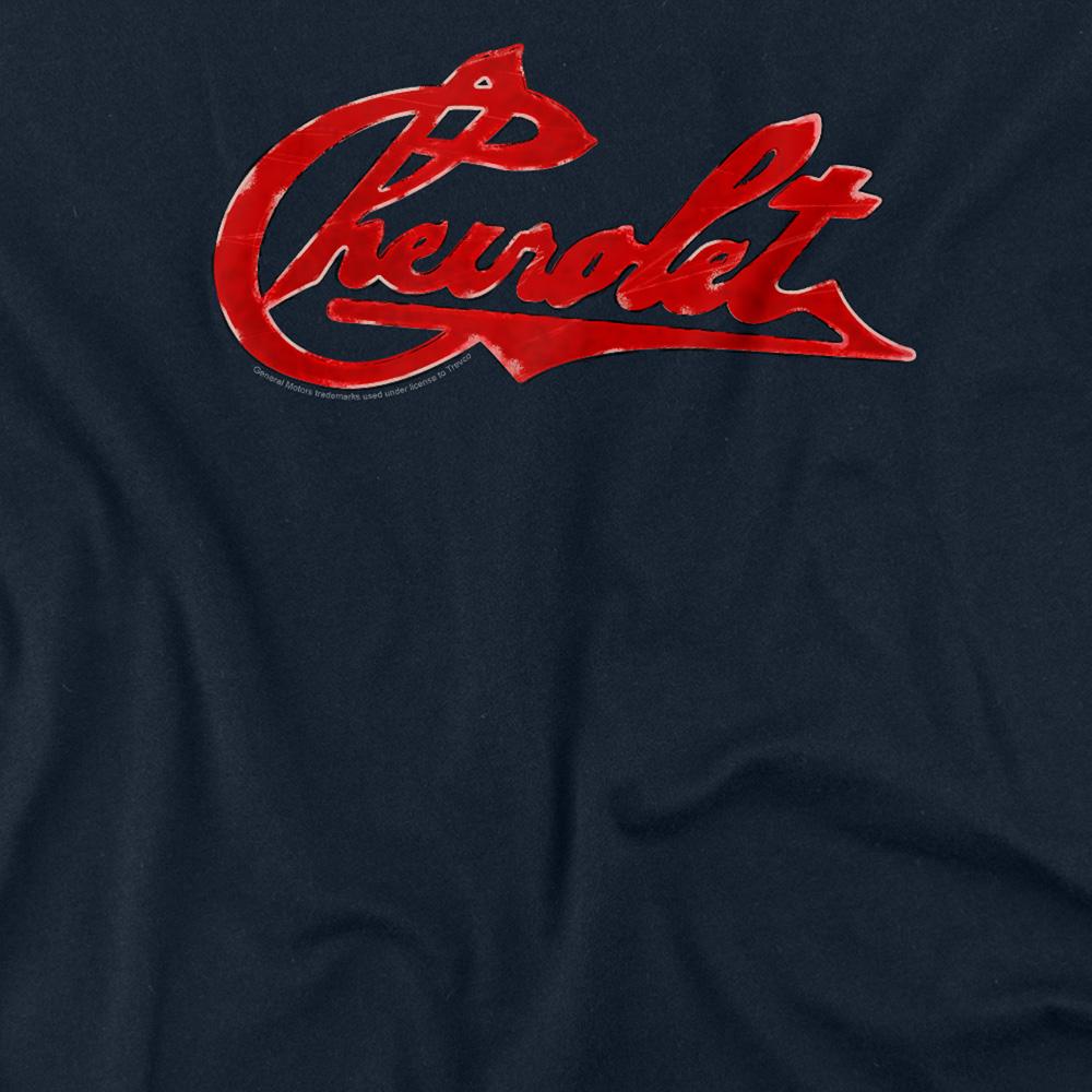 Navy - Side - Chevrolet Unisex Adult Script Distressed Long-Sleeved T-Shirt