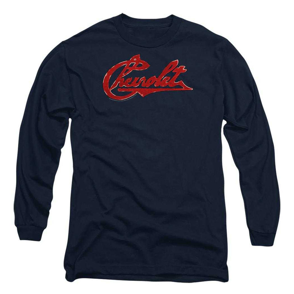 Navy - Front - Chevrolet Unisex Adult Script Distressed Long-Sleeved T-Shirt