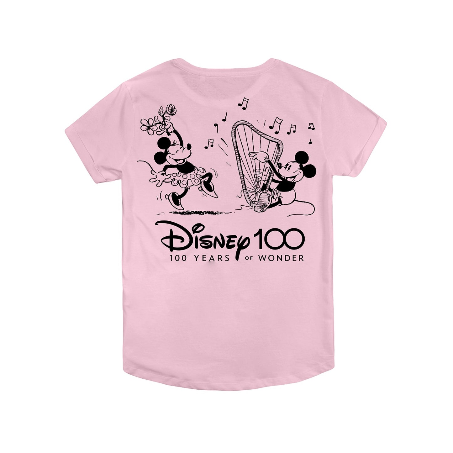 Light Pink - Back - Disney Womens-Ladies 100 Years Mickey & Minnie Mouse Back Print Roll Sleeve T-Shirt