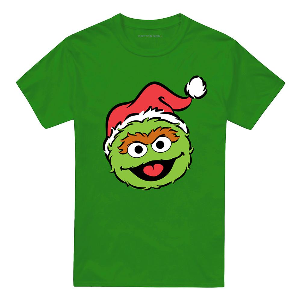 Kelly Green - Front - Sesame Street Unisex Adult Oscar The Grouch Santa Hat Christmas T-Shirt