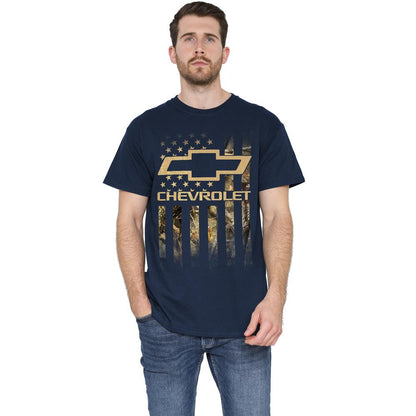 Navy - Side - Chevrolet Unisex Adult Camo Flag T-Shirt
