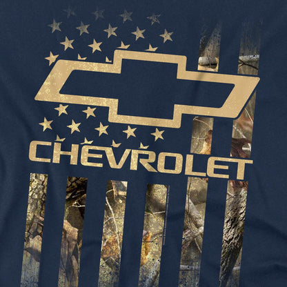 Navy - Pack Shot - Chevrolet Unisex Adult Camo Flag T-Shirt