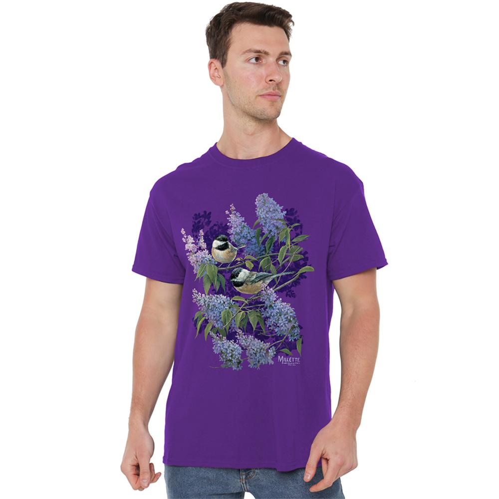 Purple - Side - Wild Wings Unisex Adult Chickadees & Lilacs T-Shirt