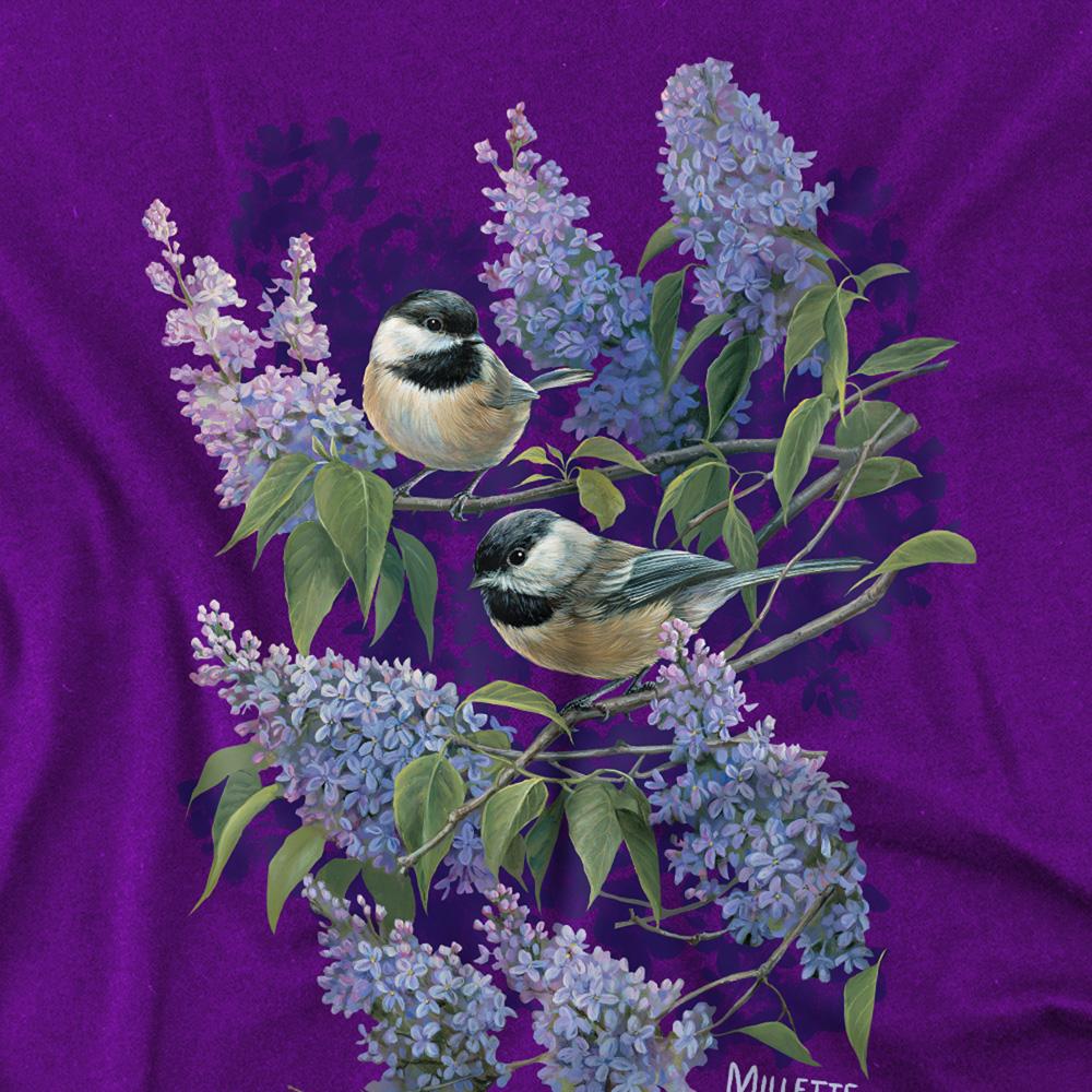 Purple - Pack Shot - Wild Wings Unisex Adult Chickadees & Lilacs T-Shirt