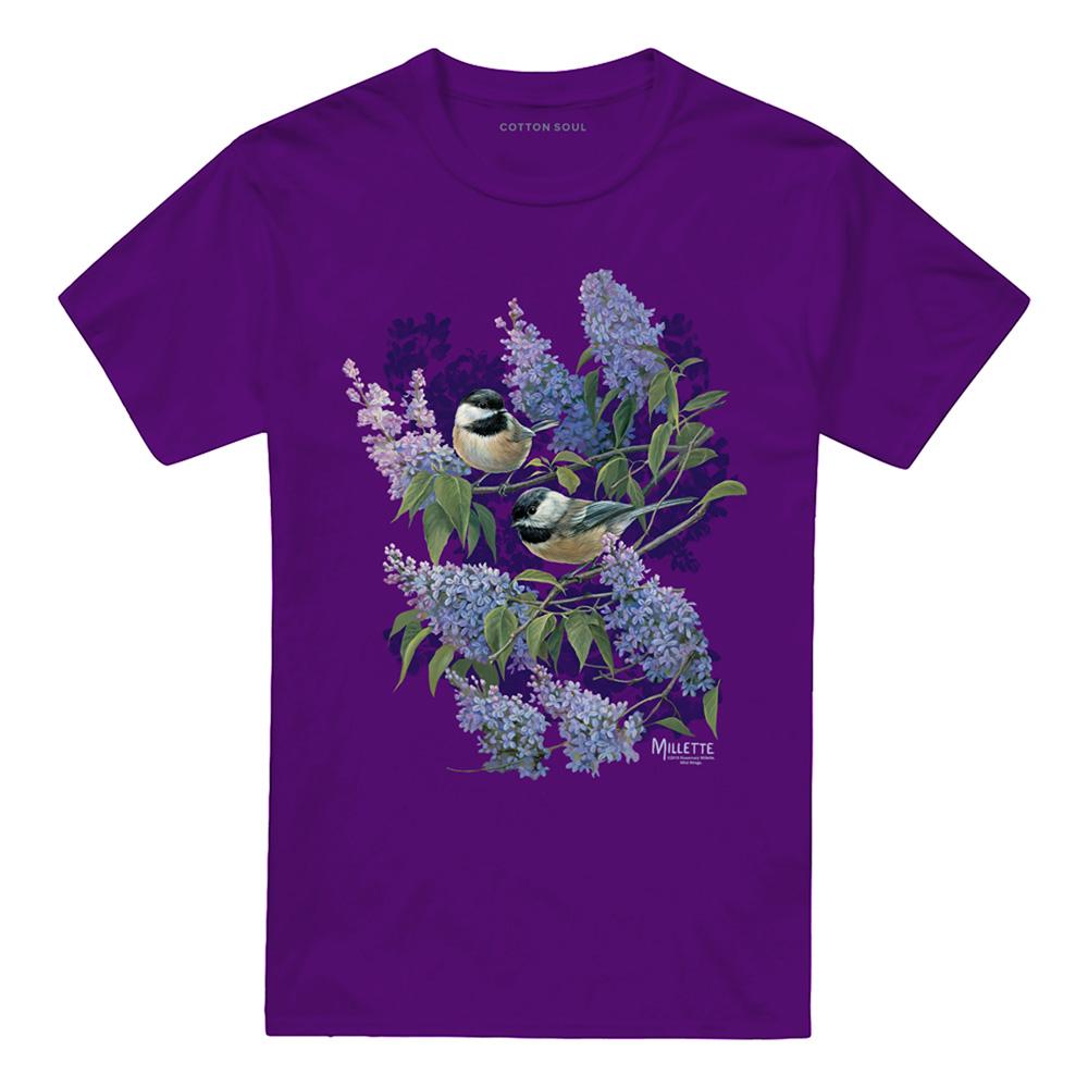 Purple - Front - Wild Wings Unisex Adult Chickadees & Lilacs T-Shirt