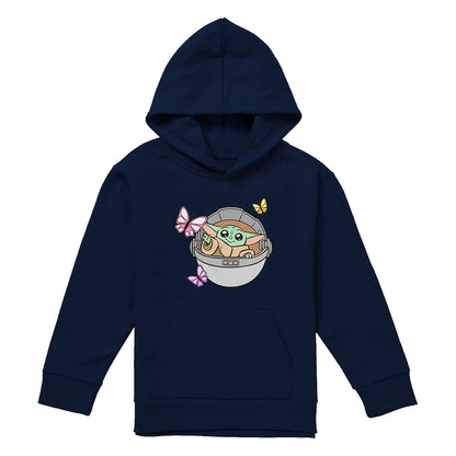 Navy - Front - Star Wars The Mandalorian Childrens-Kids Grogu Butterflies Hoodie