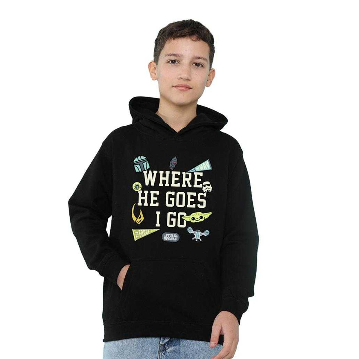 Athletic Heather - Lifestyle - Star Wars The Mandalorian Childrens-Kids Where He Goes Badges Grogu Heather Hoodie