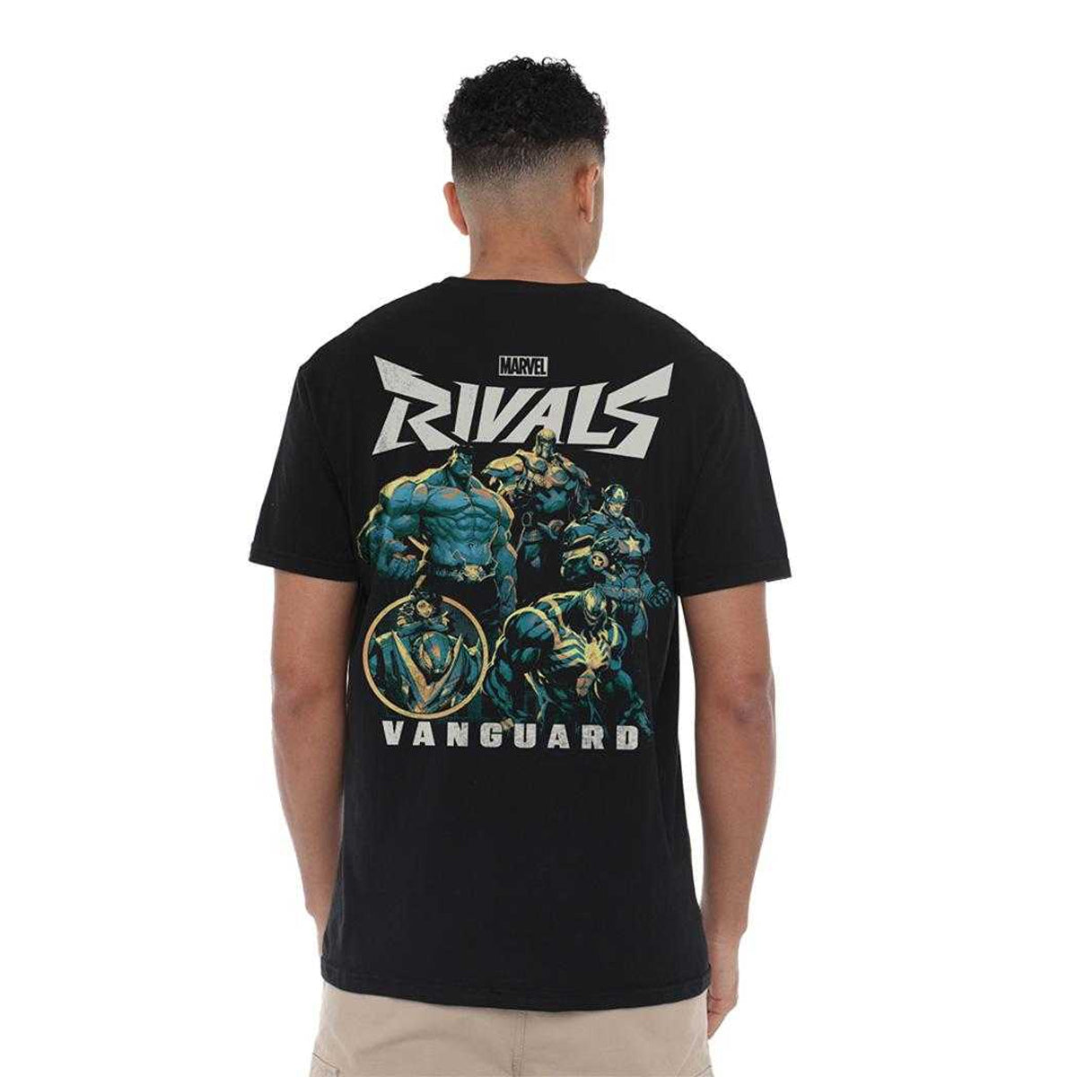 Black - Pack Shot - Marvel Rivals Unisex Adult Vanguard Back Print T-Shirt