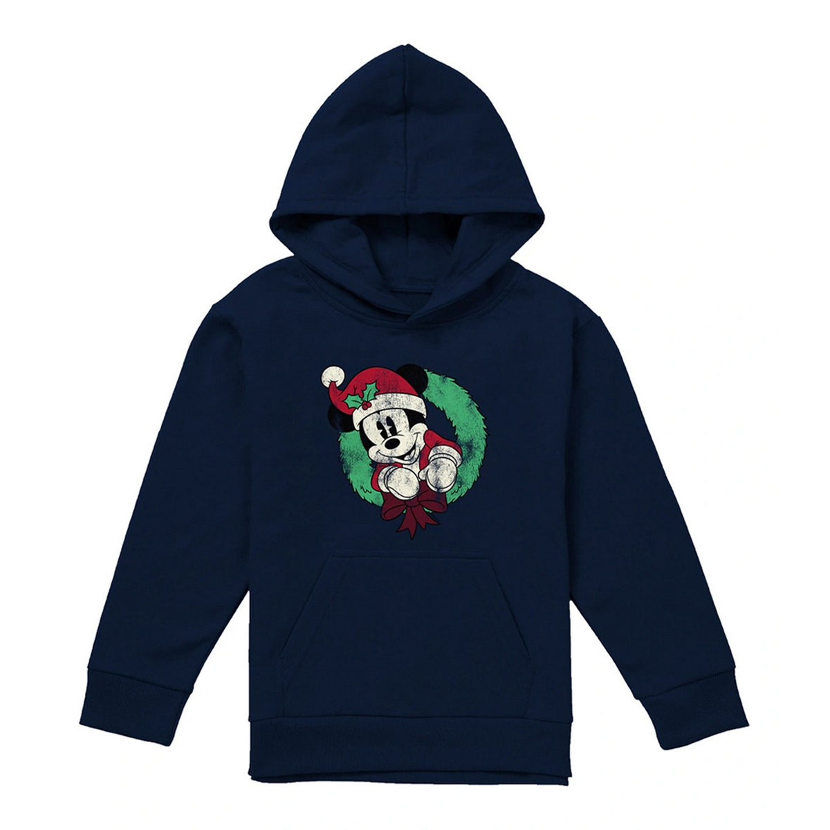 Navy - Front - Mickey Mouse Childrens-Kids Wreath Christmas Hoodie