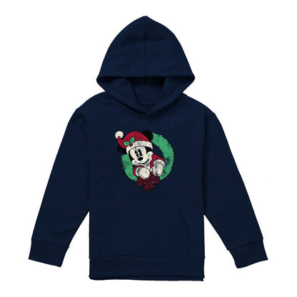 Navy - Front - Mickey Mouse Childrens-Kids Wreath Christmas Hoodie