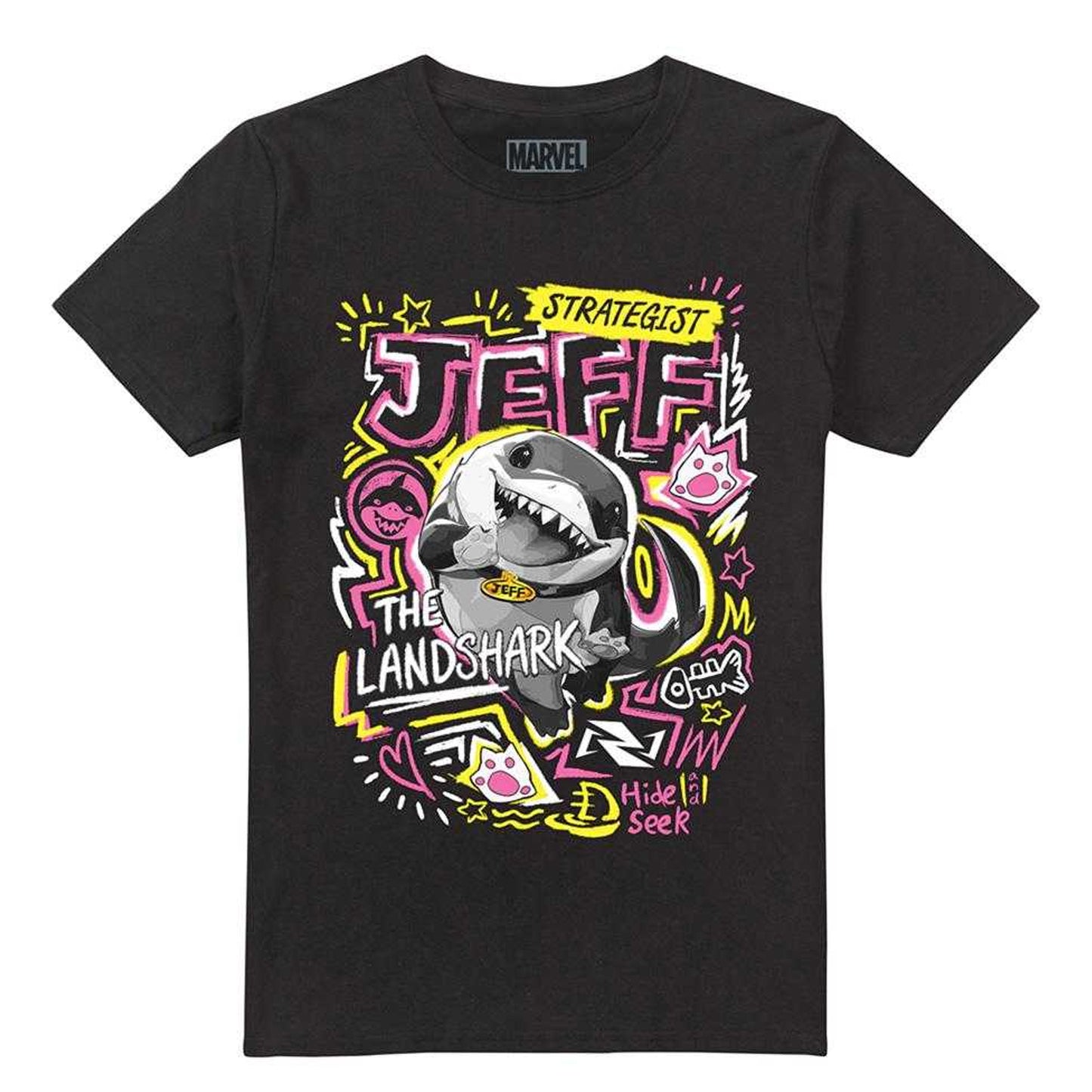 Black-Black - Front - Marvel Rivals Unisex Adult Jeff the Land Shark Marker T-Shirt