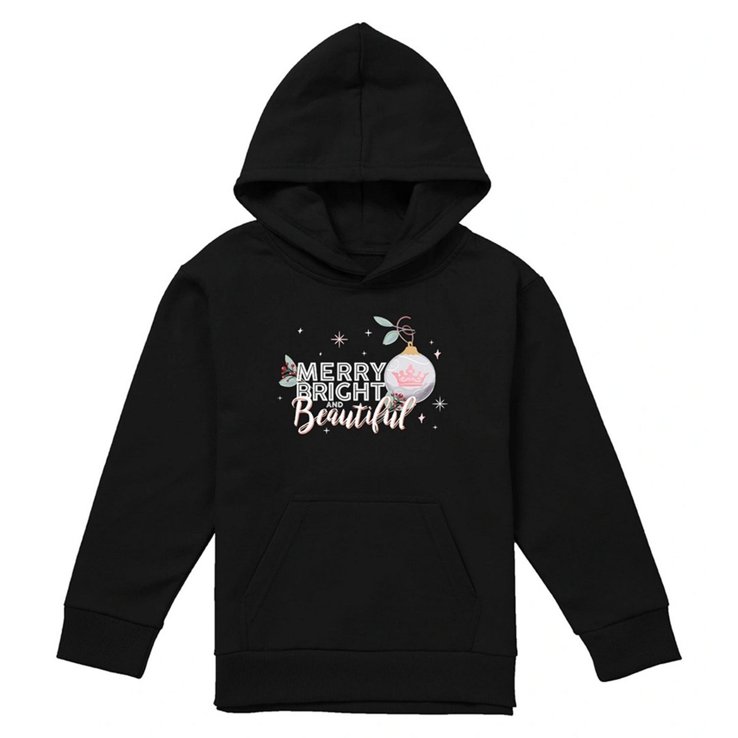 Black - Front - Disney Princess Childrens-Kids Merry, Bright And Beautiful Christmas Hoodie