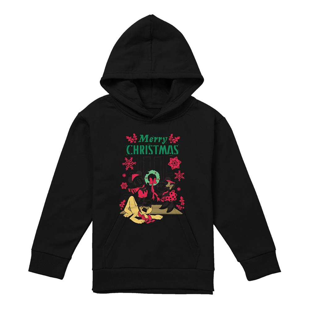 Black - Front - Disney Childrens-Kids Mickey & Minnie Mouse Wreath Christmas Hoodie