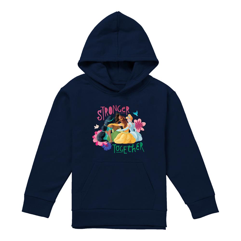 Navy - Front - Disney Princess Childrens-Kids Stronger Together Jasmine, Tiana And Belle Hoodie