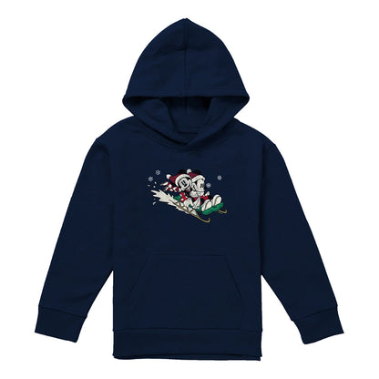 Navy - Front - Disney Childrens-Kids Sledding For Christmas Mickey Mouse & Minnie Mouse Hoodie