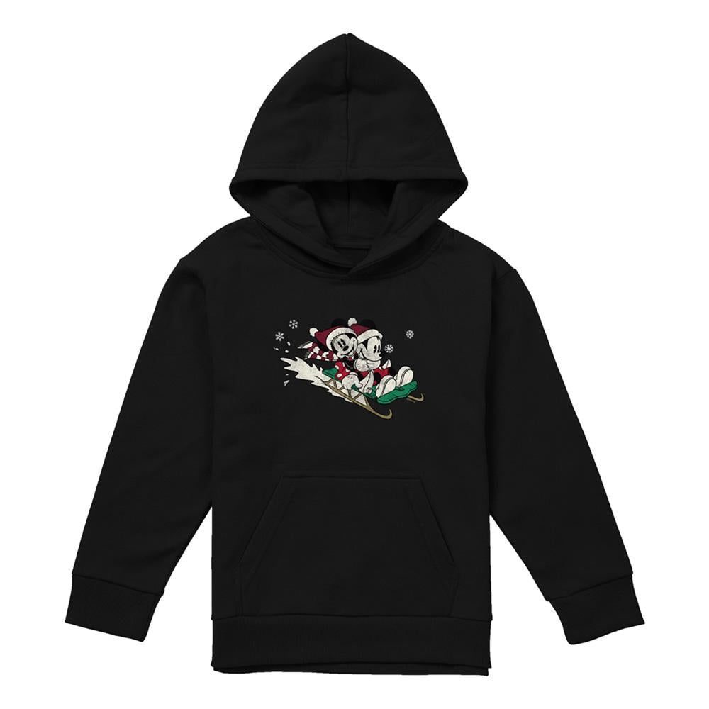 Black - Front - Disney Childrens-Kids Sledding For Christmas Mickey Mouse & Minnie Mouse Hoodie