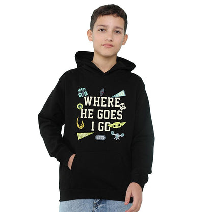 Navy - Front - Star Wars The Mandalorian Childrens-Kids Where He Goes Badges Grogu Hoodie