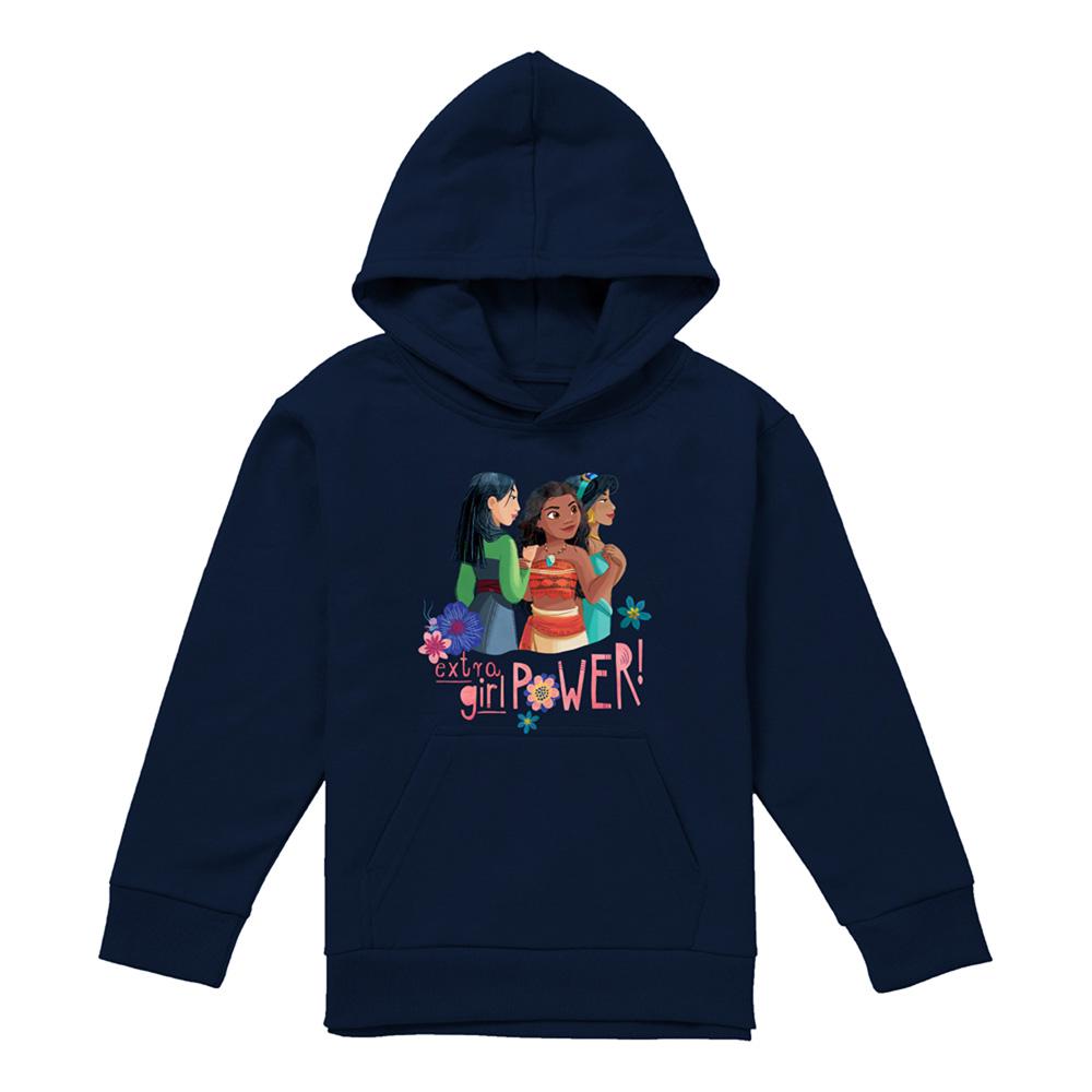 Navy - Front - Disney Princess Childrens-Kids Extra Girl Power! Mulan Moana Jasmine Pullover Hoodie