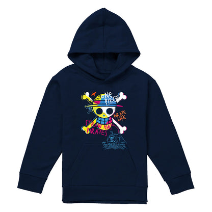 Navy - Front - One Piece Childrens-Kids Jolly Roger Graffiti Hoodie