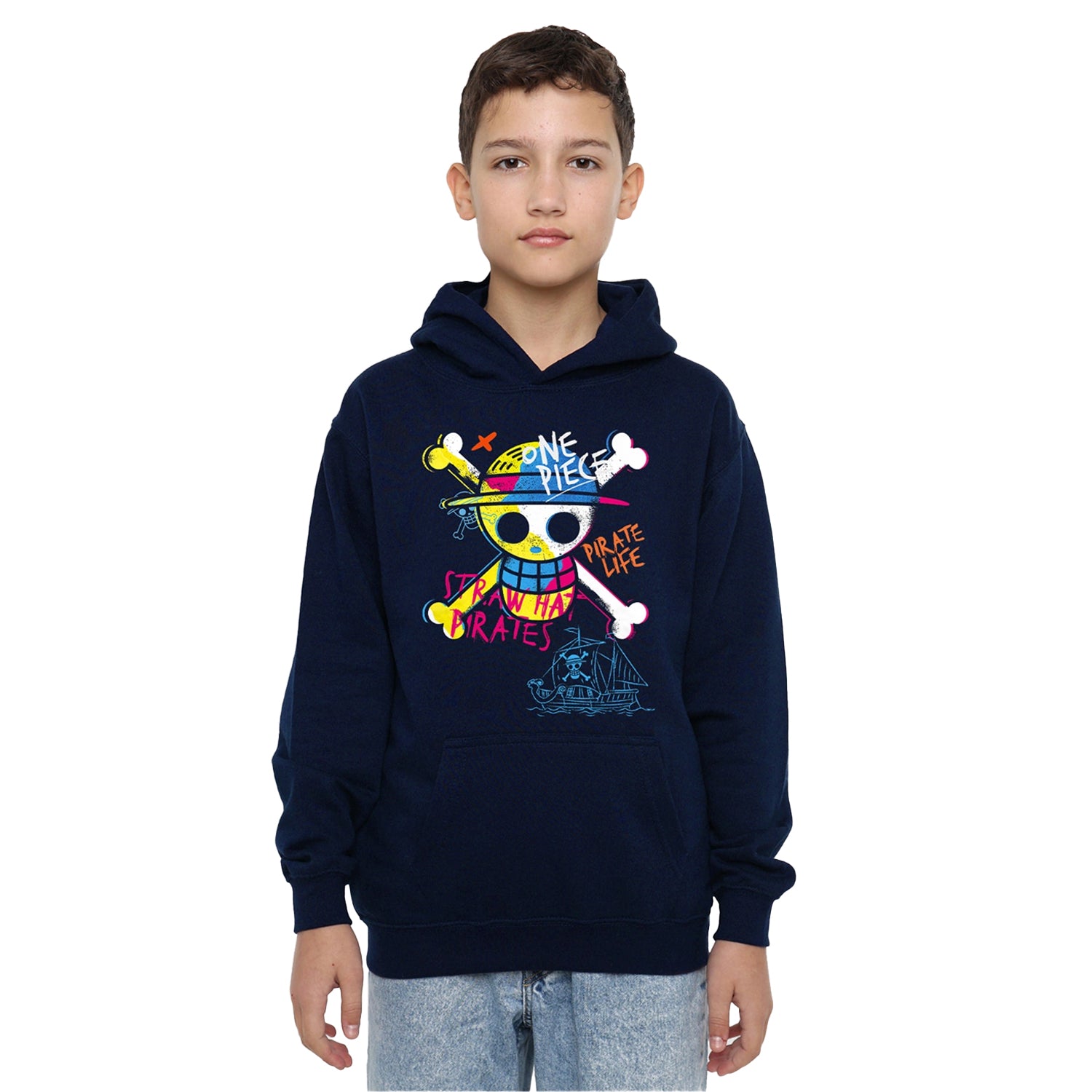 Navy - Lifestyle - One Piece Childrens-Kids Jolly Roger Graffiti Hoodie