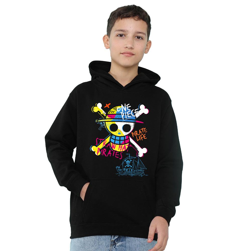Black - Lifestyle - One Piece Childrens-Kids Jolly Roger Graffiti Hoodie