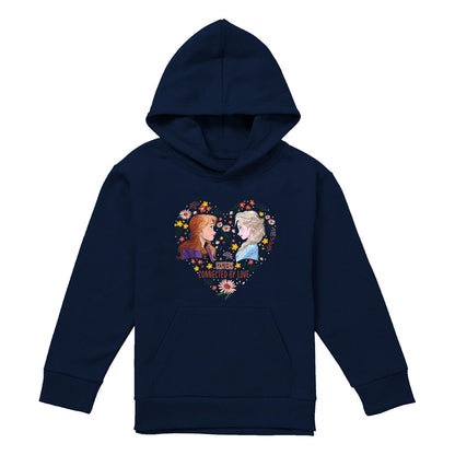 Navy - Front - Frozen Childrens-Kids Sisters Connected By Love Elsa & Anna Valentine`s Day Pullover Hoodie