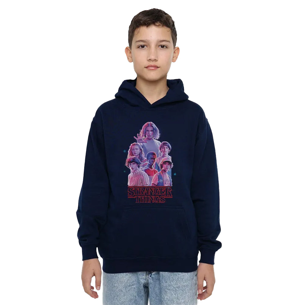 Navy - Front - Stranger Things Childrens-Kids Pink Glow Group Pullover Hoodie