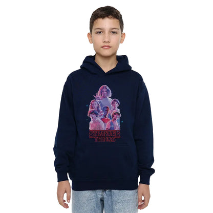 Navy - Front - Stranger Things Childrens-Kids Pink Glow Group Pullover Hoodie