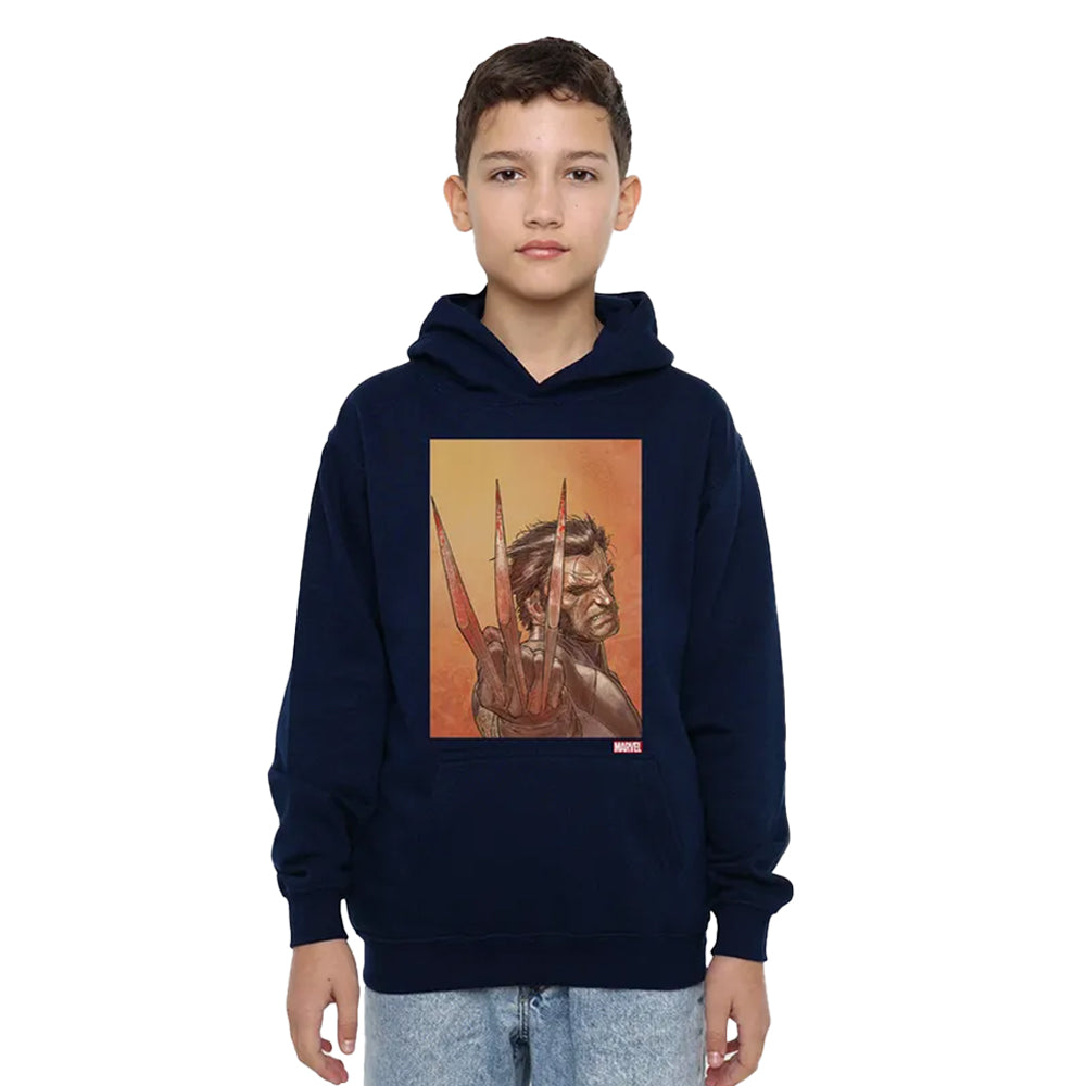 Navy - Side - X-Men Childrens-Kids Ready Wolverine Pull Over Hoodie