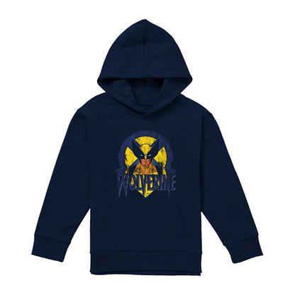 Navy - Front - X-Men Childrens-Kids Wolverine Retro Pull Over Hoodie