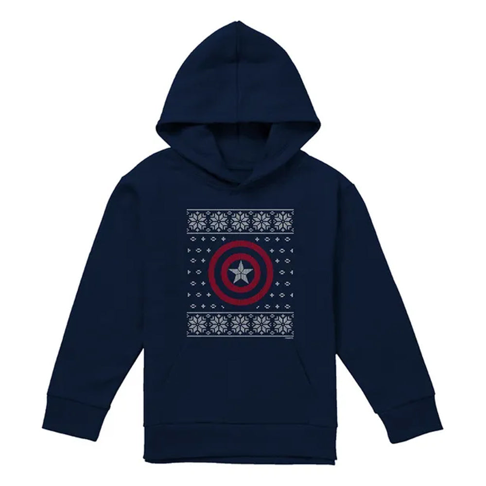 Navy - Front - Captain America Childrens-Kids Shield Pull Over Christmas Hoodie