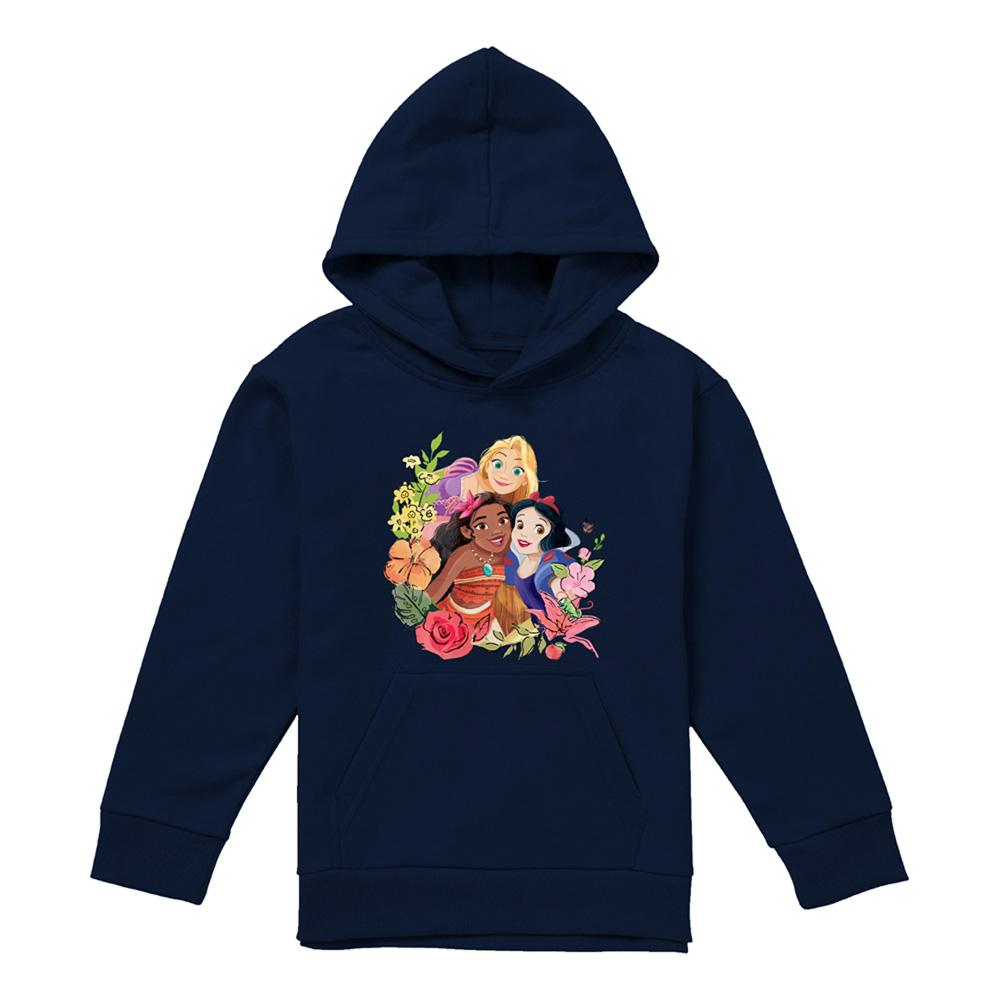 Navy - Front - Disney Princess Childrens-Kids Rapunzel Moana Snow White Bouquet Pullover Hoodie