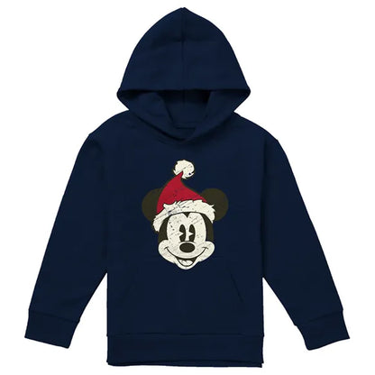 Navy - Front - Mickey Mouse Childrens-Kids Santa Face Hoodie