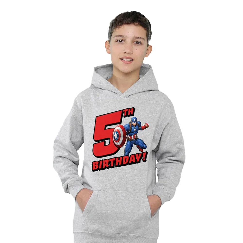Athletic Heather - Lifestyle - Captain America Childrens-Kids 5th Birthday Heather Pull Over Hoodie