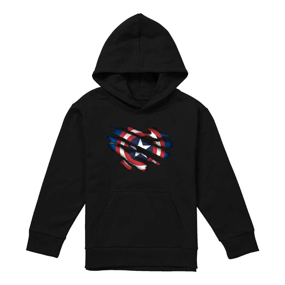 Black - Front - Captain America Childrens-Kids Torn Pull Over Hoodie