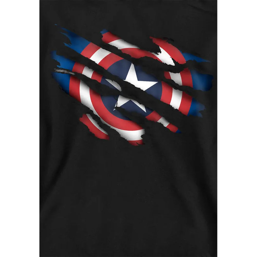Black - Side - Captain America Childrens-Kids Torn Pull Over Hoodie