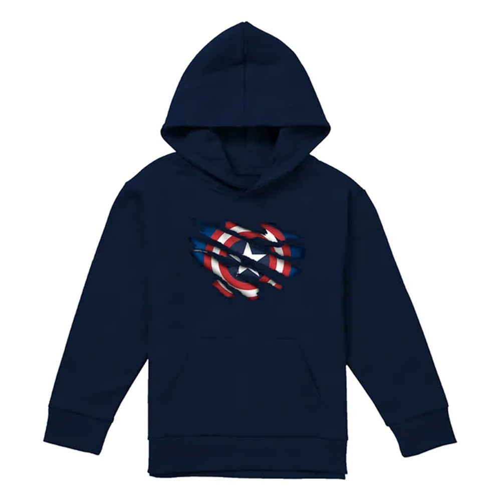 Navy - Front - Captain America Childrens-Kids Torn Pull Over Hoodie