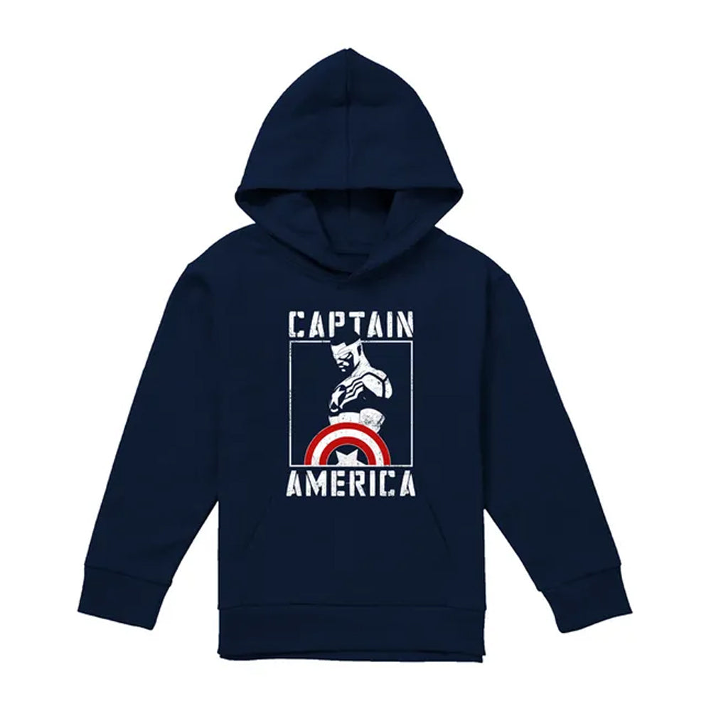 Navy - Front - Captain America Childrens-Kids Stencil Pull Over Hoodie