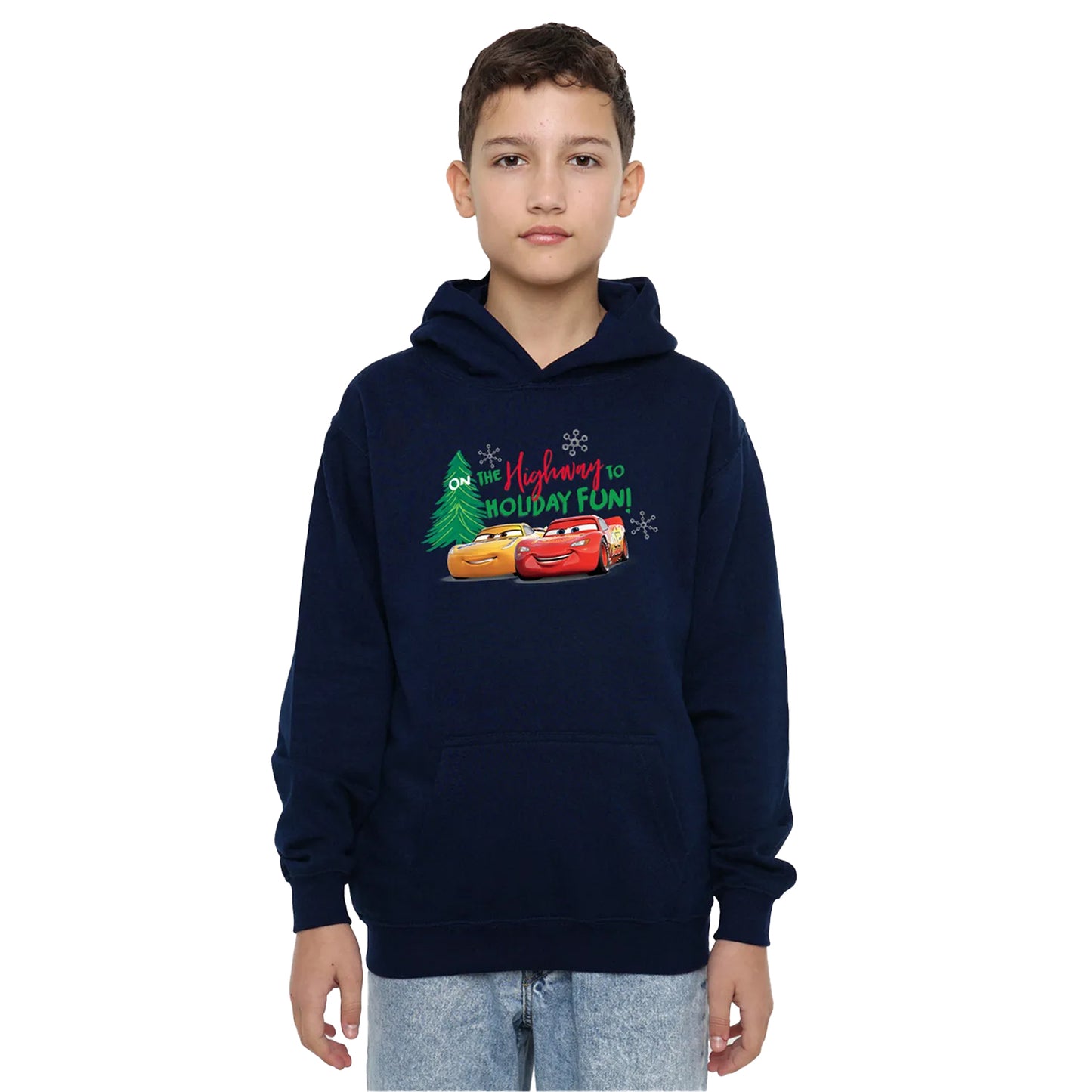 Navy - Side - Cars Childrens-Kids Highway To Holiday Fun Lightning McQueen Christmas Hoodie