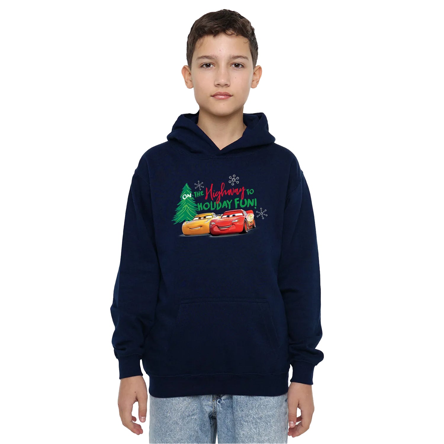 Navy - Side - Cars Childrens-Kids Highway To Holiday Fun Lightning McQueen Christmas Hoodie