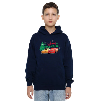 Navy - Side - Cars Childrens-Kids Highway To Holiday Fun Lightning McQueen Christmas Hoodie