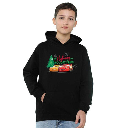 Black - Side - Cars Childrens-Kids Highway To Holiday Fun Lightning McQueen Christmas Hoodie